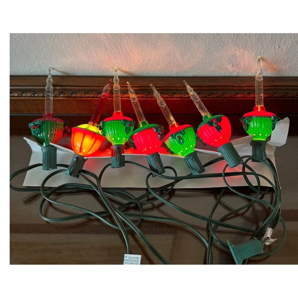 Vintage Kurt Adler Christmas Bubble Lights 7 Light String Holly Holiday Decor